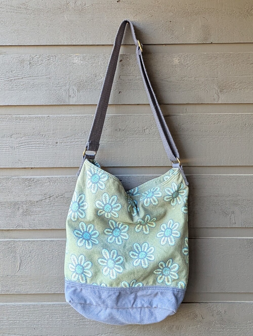 Vintage Y2K Life is Good 100% Cotton Canvas Bucket Satchel Bag Green Blue Floral - Picture 3 of 8